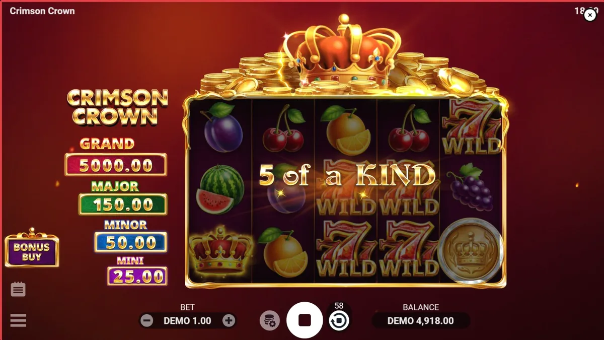 Tampilan visual slot Crimson Crown dengan simbol buah dan mahkota emas