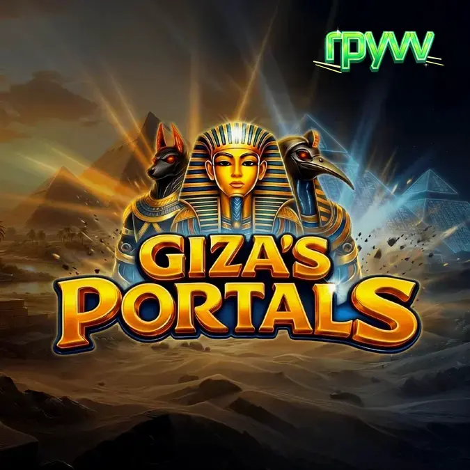 Pemandangan visual slot Giza’s Portals dengan latar belakang kuil Mesir kuno